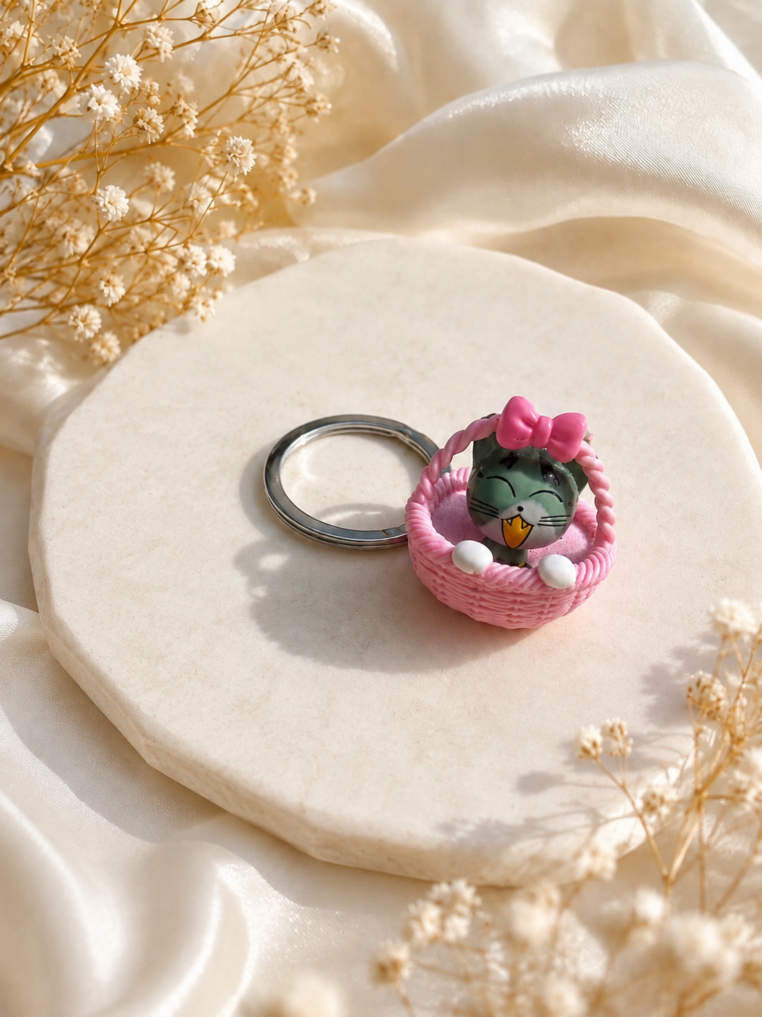 Pink Basket Cat Charm Keychain