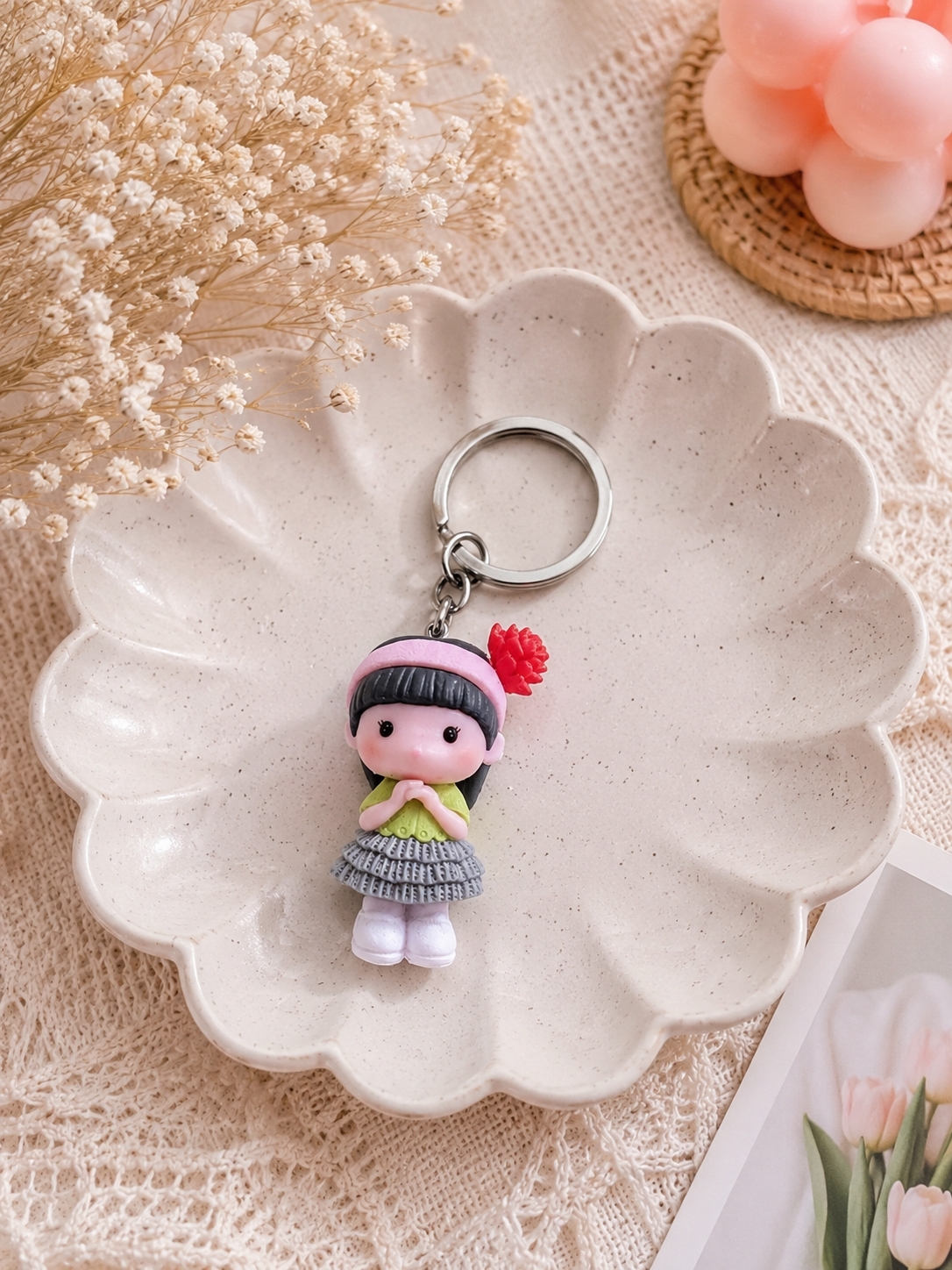 Pink Blossom Girl Doll Charm Keychain