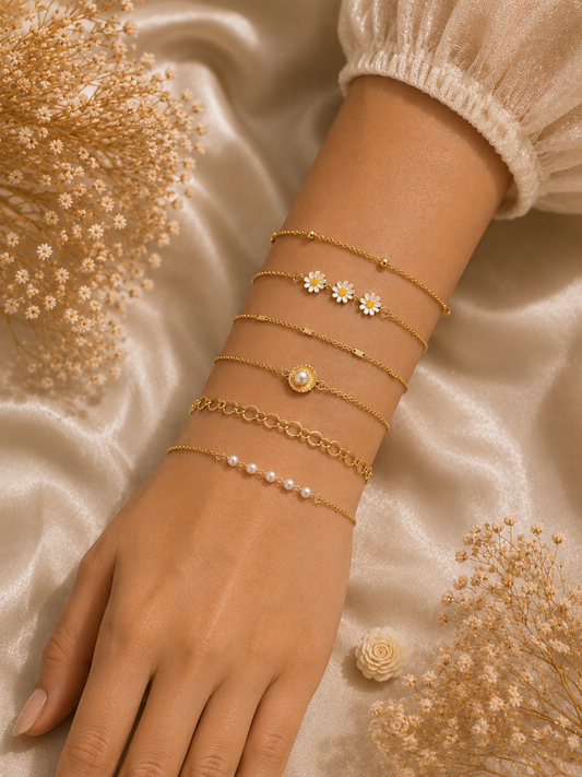 Daisy Pearl Bracelet Stack – 6 Piece Gold Layered Set