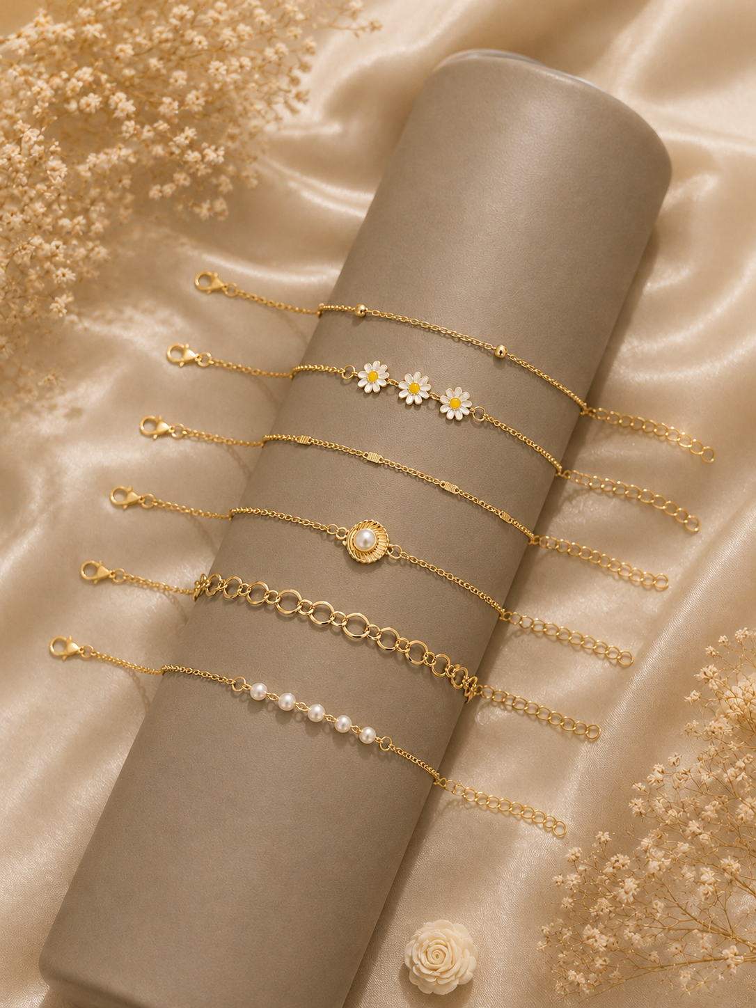Daisy Pearl Bracelet Stack – 6 Piece Gold Layered Set